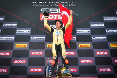 Toprak Razgatlioglu, 2024 Spanish WorldSBK, podium. Credit: Gold and Goose.